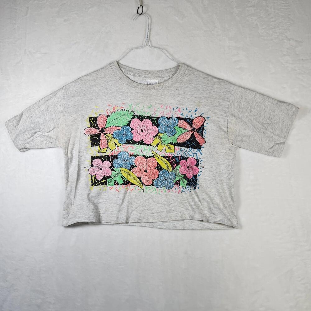 Vtg 80s TRENDS Neon Floral Cropped Tee‎ OS Gray Heather Single Stitch Boxy Fit